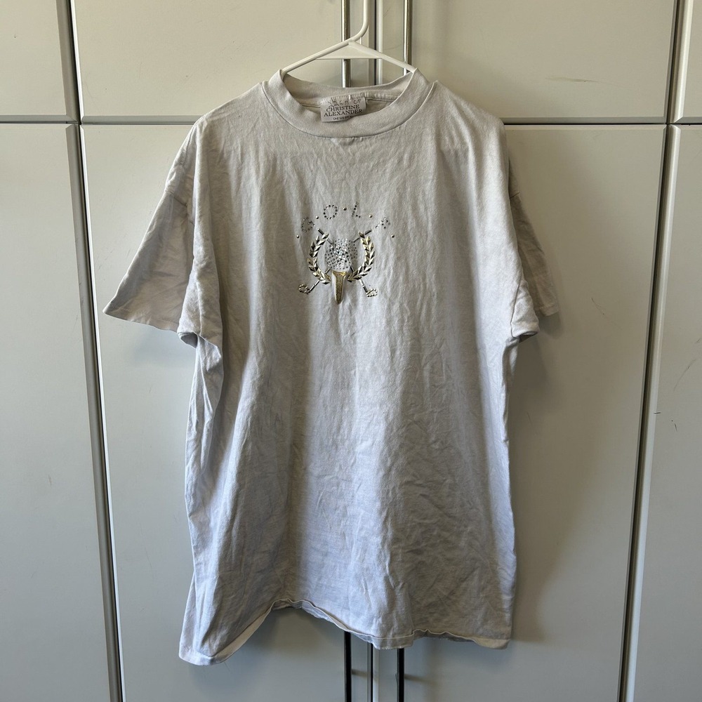 Christine Alexander Vintage Golf Rhinestone T-Shirt Grey USA Made 2X OSFA